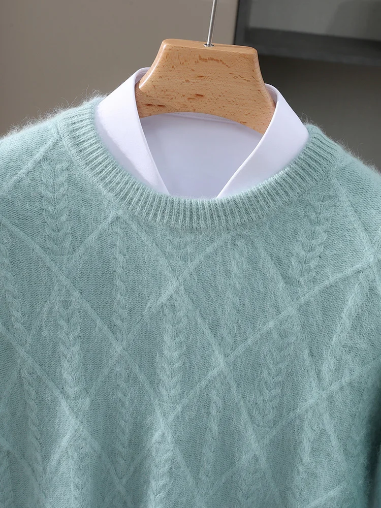 

100% Mink Cashmere Men's Round Neck Pullover Autumn Winter Thick Casual Fashion Knitted Long Wool Cashmere Sweater