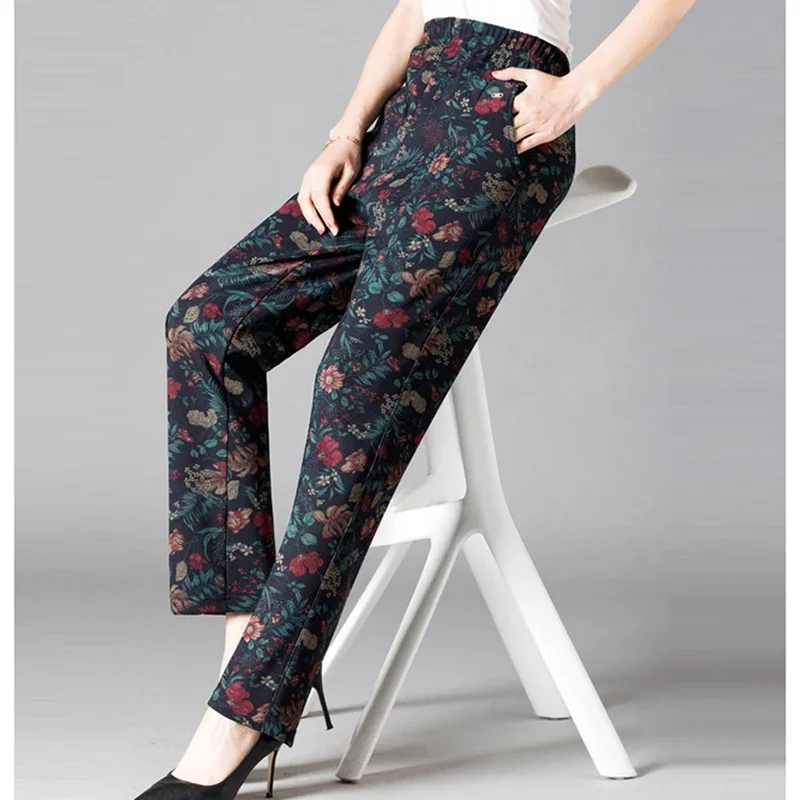 

Middle-aged Women Trousers New Print Elasti High Waist Casual Pants Winter Velvet Warm Straight Pants Oversize Grandma Pants