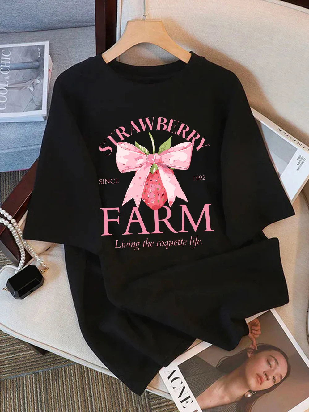 

100% Cotton Womens T-Shirts Summer Strawberry Farm Coquette Life Prints T Shirt Soft Loose O-Neck Tops Casual Womans Clothes