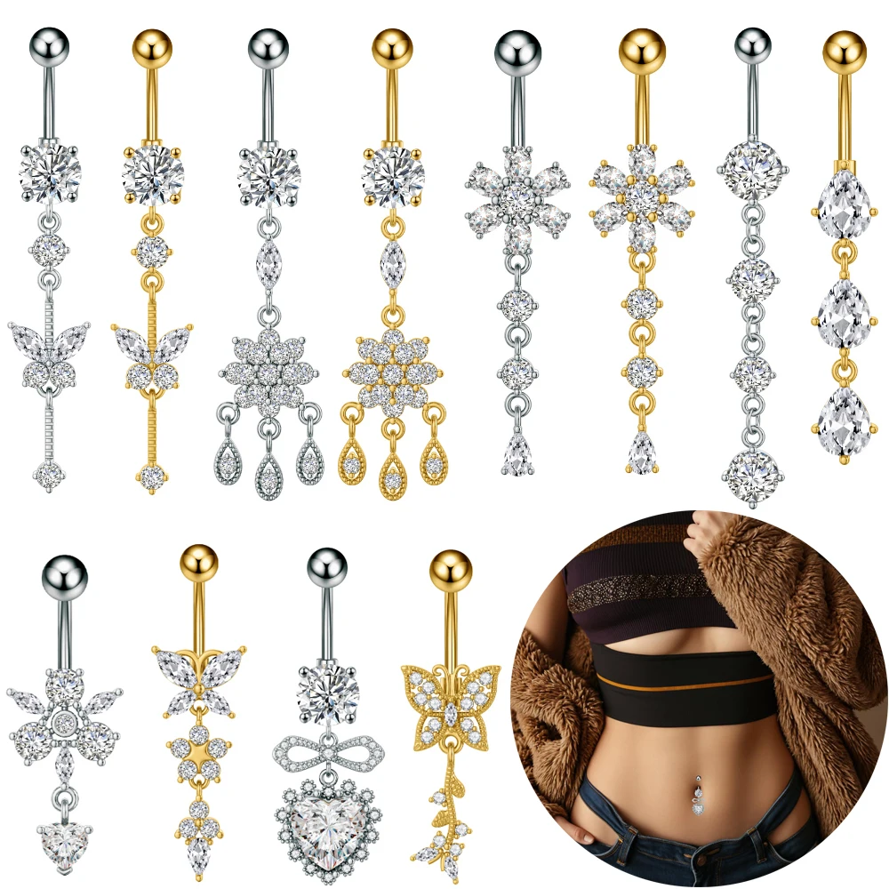 1 pieza Piercing de Ombligo Largo Colgante con 4 Cristales, Joyería Corporal 14G, Anillos de Ombligo de Mariposa y Corazón para Mujer