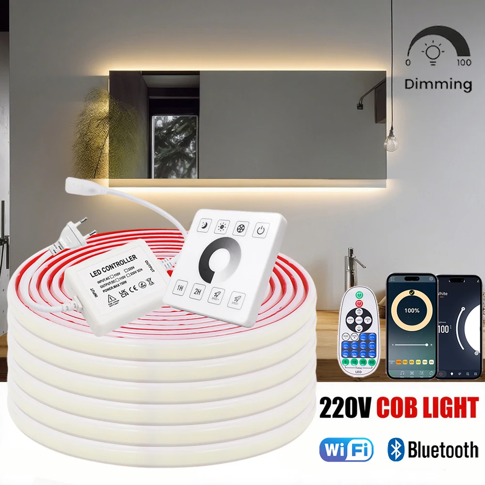 

Приложение Tuya WIFI Bluetooth Control COB Светодиодная лента 220 В с клейкой лентой 240 светодиодов/м Водонепроницаемая неоновая лента Гибкая лента