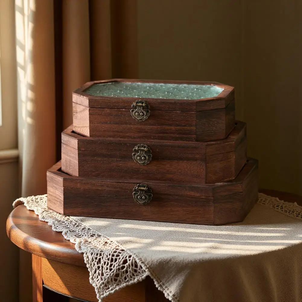 Haitang Flower Glass Storage Box Nordic Retro Solid Wood Storage Cabinet Desktop Sorting Flipping Wooden Box Makeup Table Decor