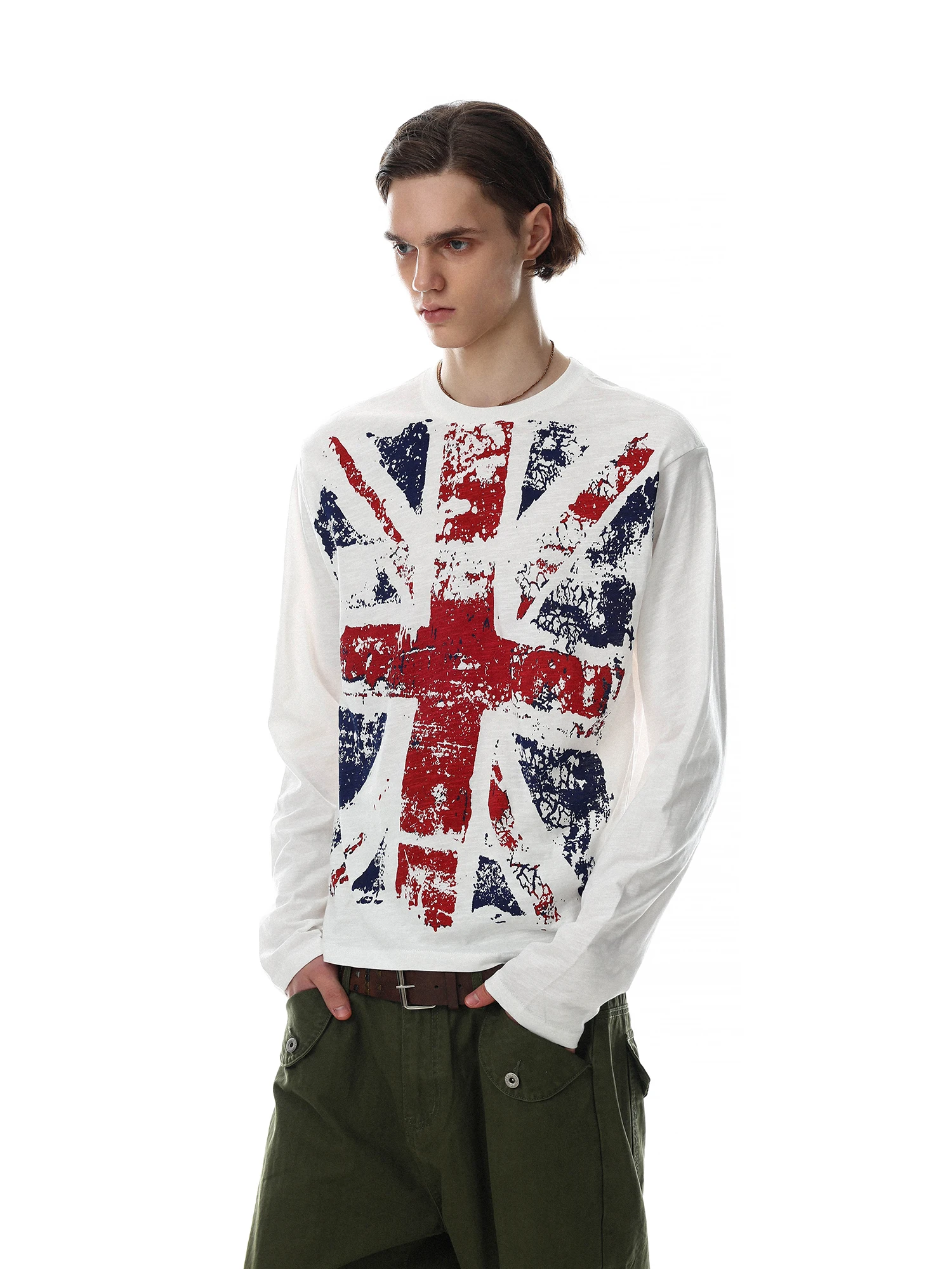 MRNEARLY American Retro Streetwear Long Sleeve T-Shirt Men's Union Jack Print Top Trendy Autumn Cotton round Neck Tee