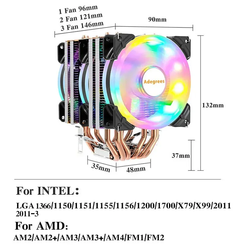 6 Heat Pipes ARGB CPU Air Cooler 4 Pin PWM Quiet CPU ventilador de refrigeração para Intel LGA 1700 2011 1200 1156 X79 X99 AM3 AM4 PC radiador