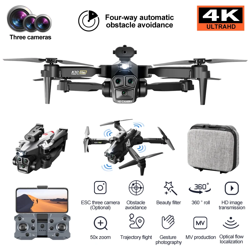 K10 Max Drone Professional 4K HD Three Camera Obstacle Avoidance Aerial Photography Optical Flow Hovering Foldable Quadcopter