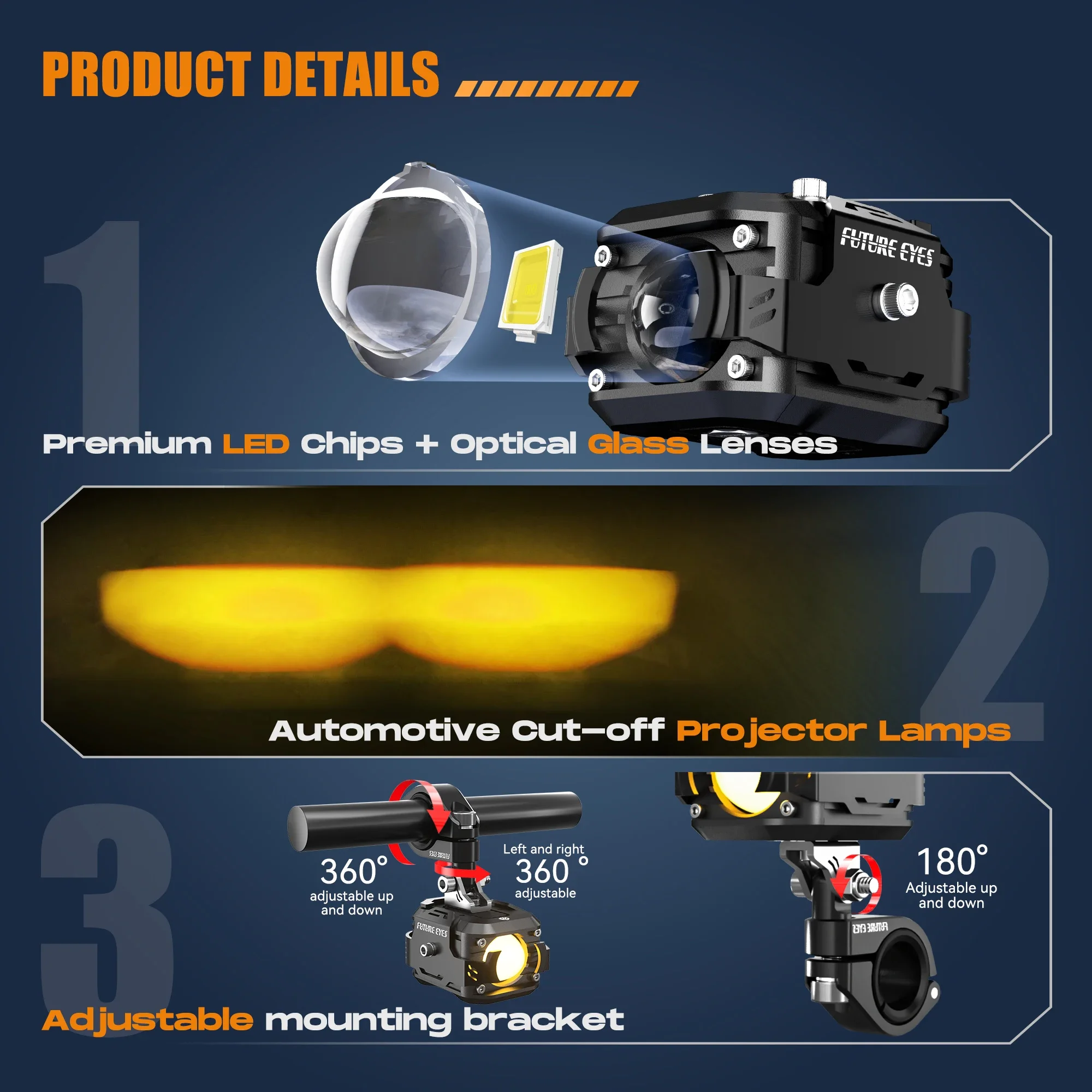Future Eyes Wireless Switch F150 - 60W Motorcycle Fog Lights, LED Auxiliary Driving Lights, High/Low Beam, Amber/White Headlight