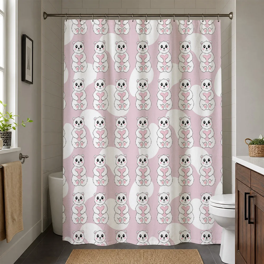 Adorable Panda Print Shower Curtain Pink Waterproof Bathroom Shower Liner Cute Kawaii Animal Decor Nursery Kids Bathroom Liners