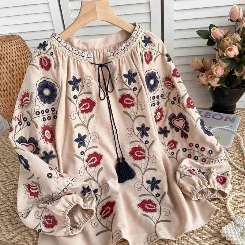 Blusa de moda vintage para mulheres bordado floral com decote em v manga longa lanterna camisa solta primavera versátil blusa feminina dropship