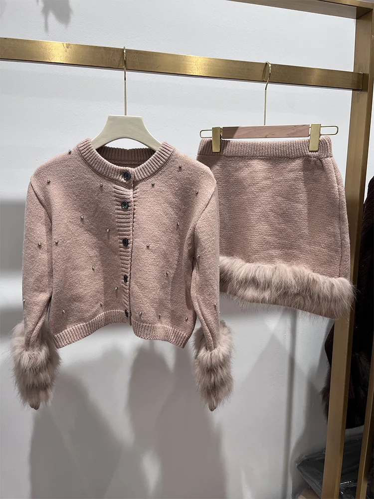 

2025 New Fashion Spring Autumn Women's Real Fox Fur Knitted Cardigan Coat With Skirt Sweate Femeale Luxury Suit