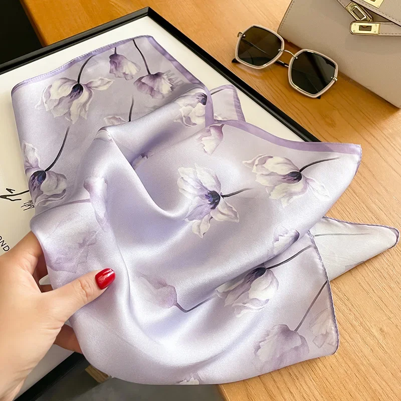 2023 100% Real Silk Square Scarf Women Print Natural Headkerchief Ladies Hair Hand Wrist Foulard Spring Bandana Echarpe