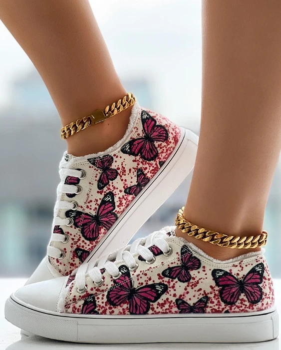 Women's Sneaker 2025 Spring New Butterfly Print Raw Hem Eyelet Lace-Up Sneakers Casual Daily Round Toe Flat Sneakers