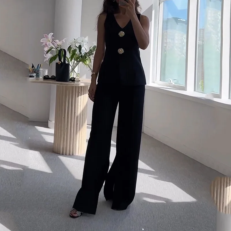 

Two Piece Sets Women Streetwear New 2025 Spring Summer Elegant Tank Top V-neck Sleeveless Vest High Waisted Wide Leg Pants Suit