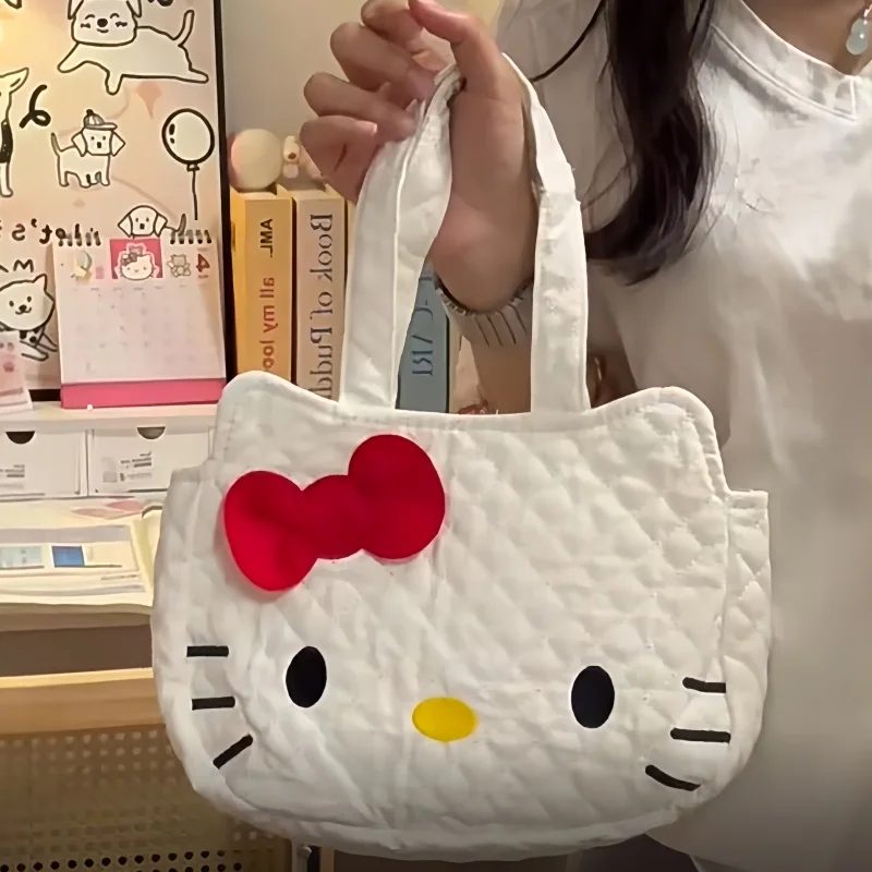 MINSO Senrio Hello Kitty Shoulder Bag Ladies 3D Cartoon Cute Rhombus Large Capacity Tote Bag Kawaii Cats Soft Cotton Handbag