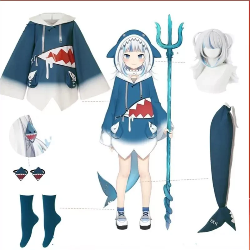 Hololive-Costume de Cosplay Gawr Gura pour Femme, Costume de Requin ENG, Ensemble Complet, Chaussures de Queue, Perruques, Halloween