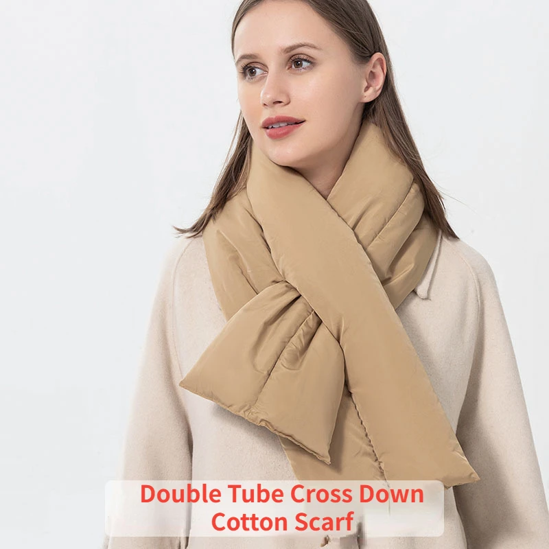 2022 New Thickened Warm Down Cotton Scarf Female Korean Version Double Tube Colorful Solid Color Bib Neck Protection Wholesale