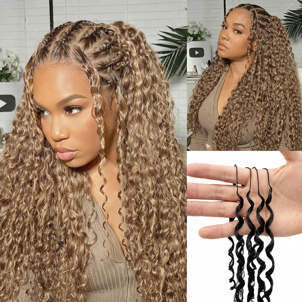 

Легкие, предварительно разделенные, безузловые, свободные, глубоковолнистые, натуральные волосы для плетения косичек, в пучках, выполненные методом крючкового плетения, цвет блонд.