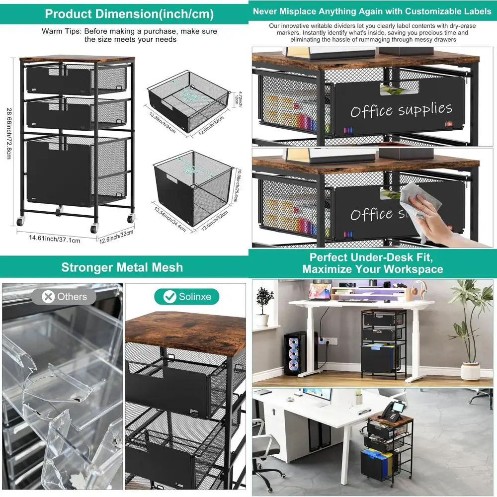 

Under Desk Rolling Storage Cart with Lockable Wheels, Hanging Organizer, Utility Cabinet for Home Office, Black