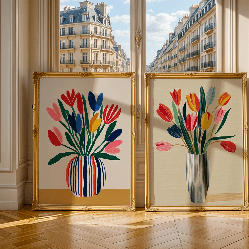 This Retro Poster Two-piece Set with A Bold Botanical Print Tulip Canvas Is An Ideal Choice for Living Room and Bedroom Décor