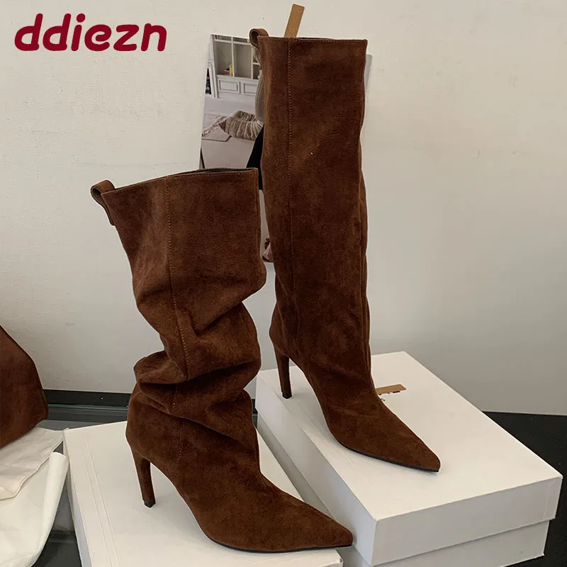 

Обувь из флока на тонком каблуке, женские современные сапоги до колена, женские вечерние сапоги с острым носком, женские длинные сапоги без шнуровки, туфли-лодочки для женщин