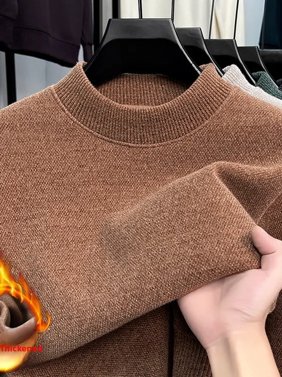 

Мужской зимний вязаный свитер Thiened Fce на подкладке с высоким воротником, бархатный теплый повседневный трикотаж, мягкий свободный крой