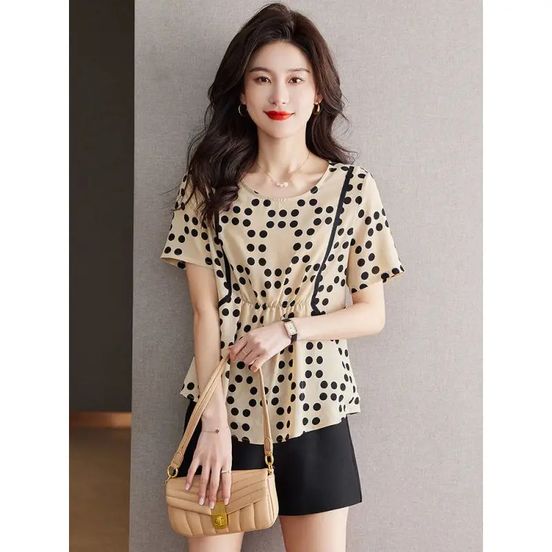 Elegant O-Neck Spliced Folds Polka Dot Chiffon Blouses Women\'s Clothing 2024 Summer New Loose Chic Tops Office Lady Shirts