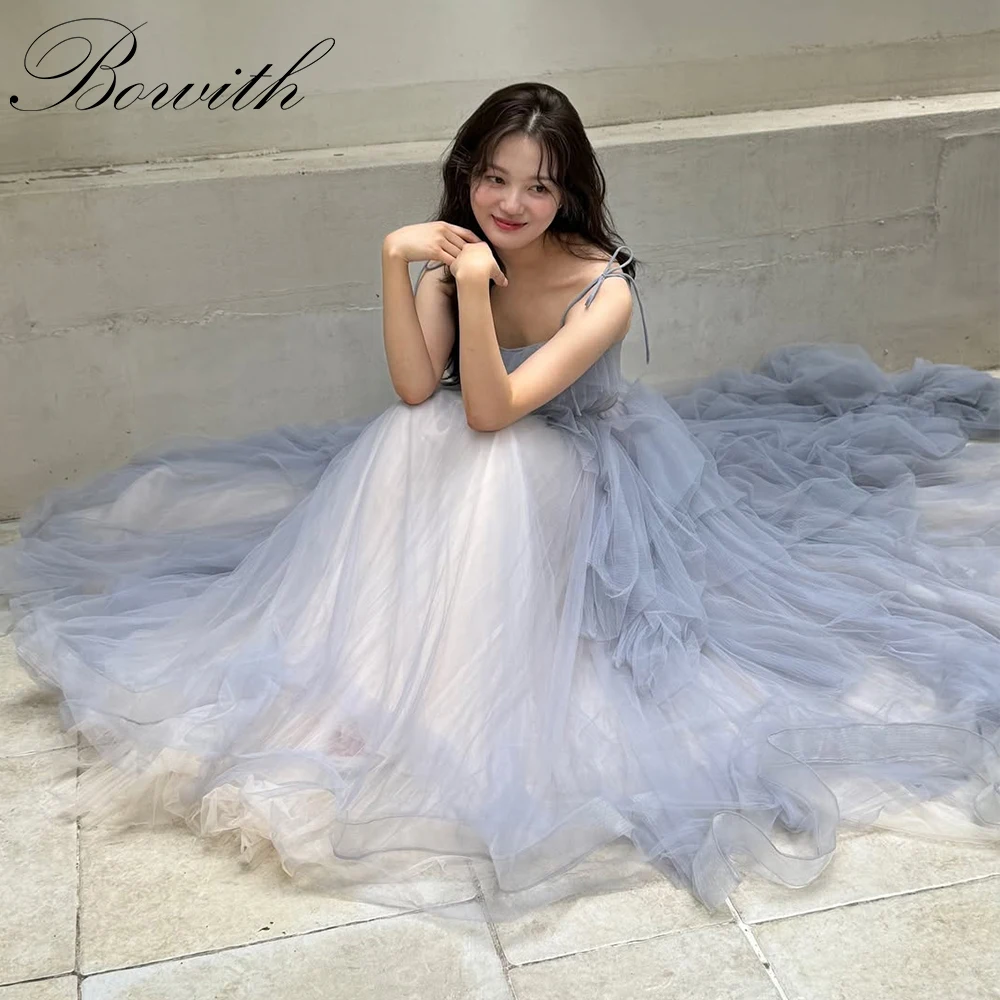 

Bowith Baby Blue Korean Wedding Dress for Photoshoot Spaghetti Straps Soft Tulle Bridal Gown Sleeveless Evening Dresses