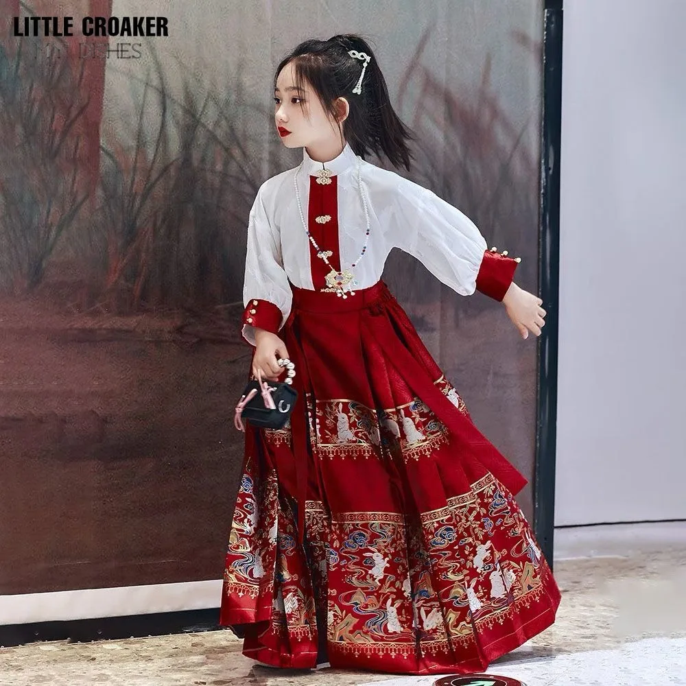 New Kids' Horse Face Skirt Set - Chinese Style Hanfu Dress Ming Dynasty Tang Suit Girls' Traditional Costume for Daily Wear