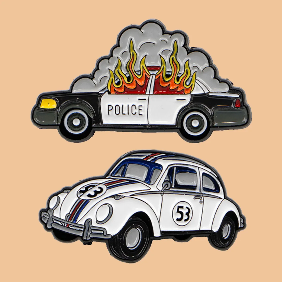 Cartoon Retro Sedan Enamel Pins Burning Police Car Brooch Lapel Pin Badge on Backpack Clothing Accessories Fashion Jewelry Gifts