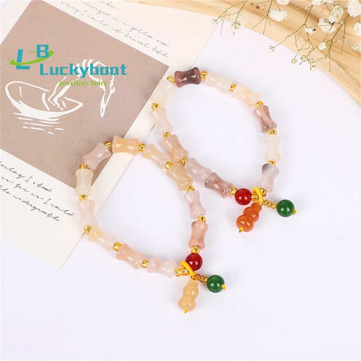 Natural Golden Silk Jade Bamboo Knot Hand String with High Rise White Imitation Honey Wax Gourd Temperament Fashion Versatile