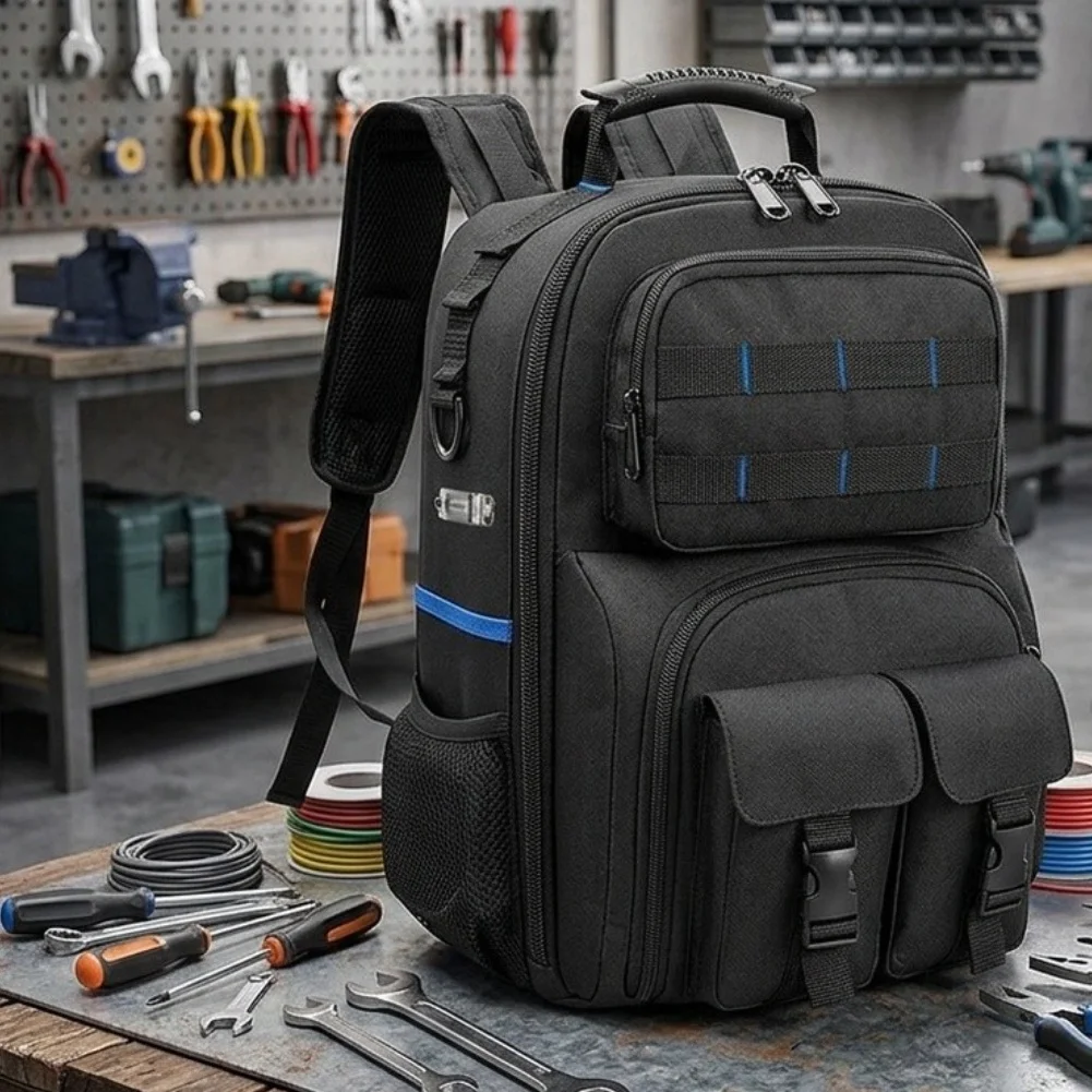Utility Tool Backpack with Rubber Feet Base Multiple Pockets and Reinforced Fabric 30 16 40cm Storage Utility Tool