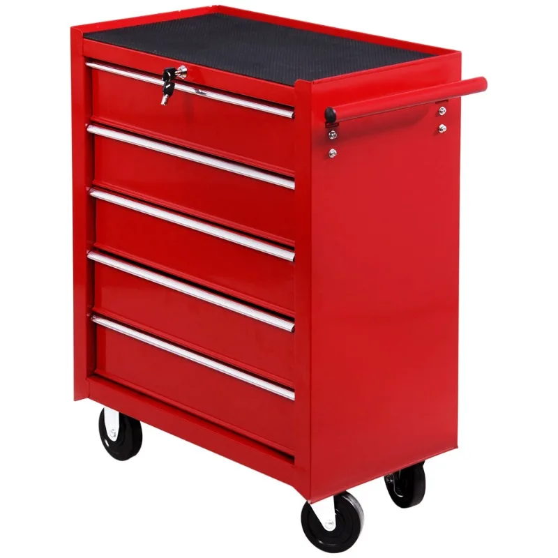 Wheeled drawer toolbox, lockable steel tool cart with workshop side handle, garage, red