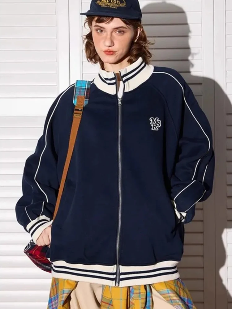 Jmprs American Letter Baseball Jackets Women Vintage Striped Streetwear Y2K Coat Casual Loose Long Sleeve Bf Fall Winter Outwear