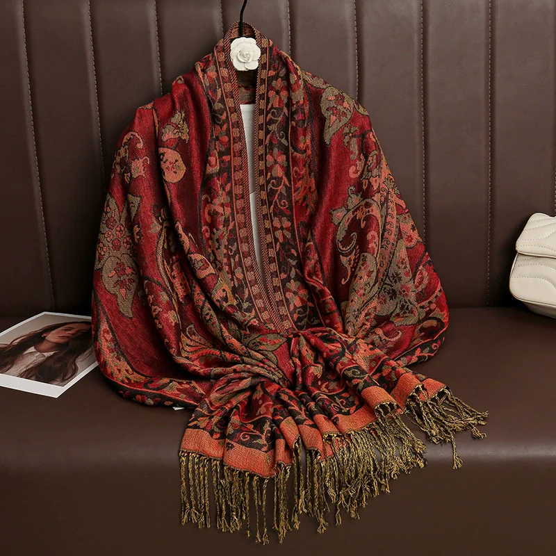 

Two Tone Paisley Jacquard Scarves Soft Silky Reversible Wrap Scarf Fringes Daily Life Evening Dresses Shawl