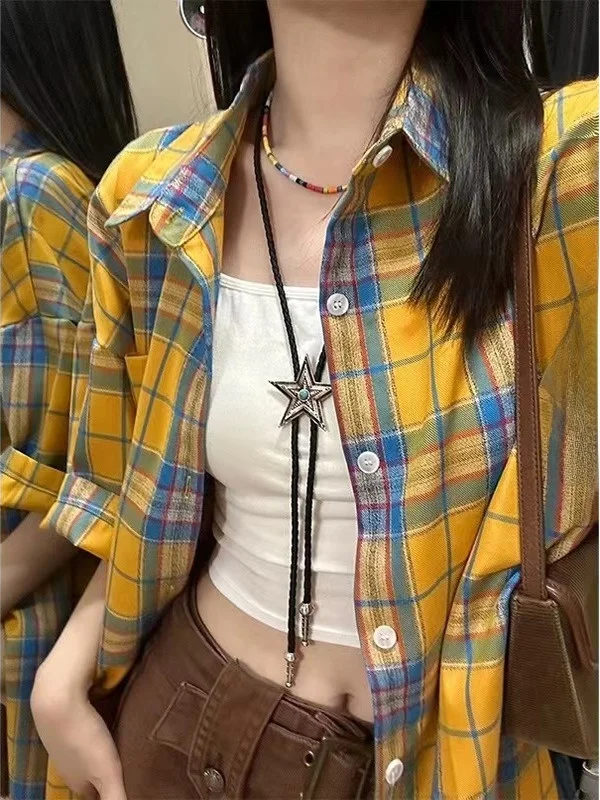 

Retro Design Short Sleeve Plaid Shirt Women's Thin Summer Sun Protection Outerwear Loose Fit Korean Style Casual Shirt