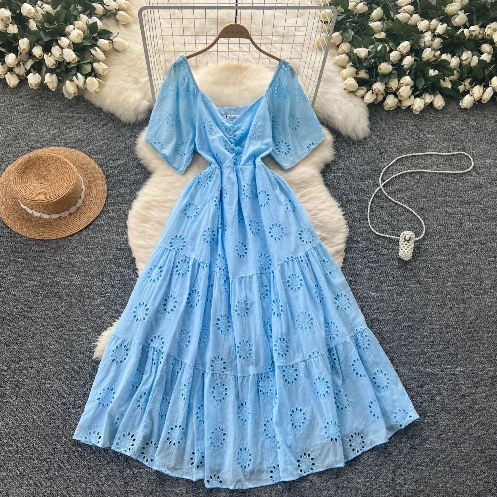 Vintage V-Neck Basics Short Sleeve Chic Hook Flower Hollow Out Embroidered Dresses French Evening Women Fashion Summer Clothing