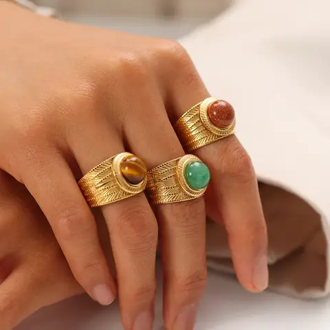 빈티지 천연 석재 청록색 오픈 반지 18K 골드 도금 스테인레스 스틸 와이드 Chunky 손가락 반지 여성 쥬얼리에 대한
