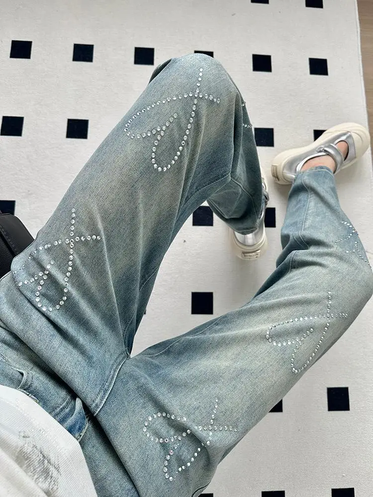 Jeans a gamba dritta a vita alta da donna Primavera Estate New Sle Loose Fit dimagranti con diamanti impreziositi pantaloni a gamba larga alla moda