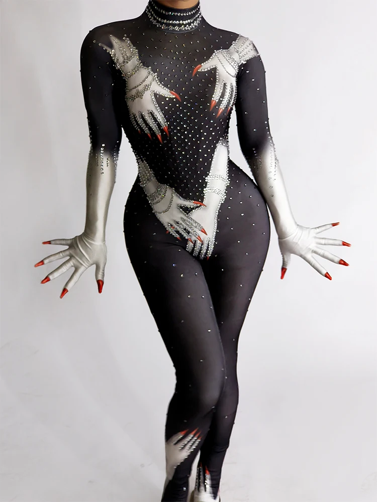 

Rhinestones Hands Long Sleeve Jumpsuit Women Black Red Gloves Sexy Performance Costumes Singer Dancer Stage Party Birthday Show
