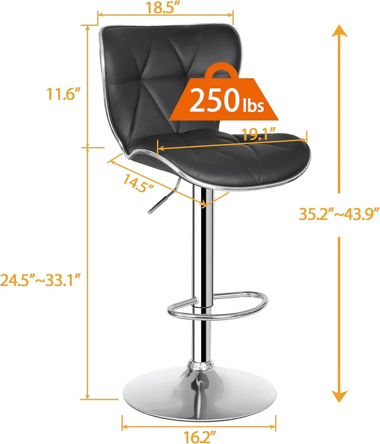 Conjunto de 4 bancos de bar giratórios ajustáveis, altura de balcão, encosto em couro PU, bancos altos pretos modernos