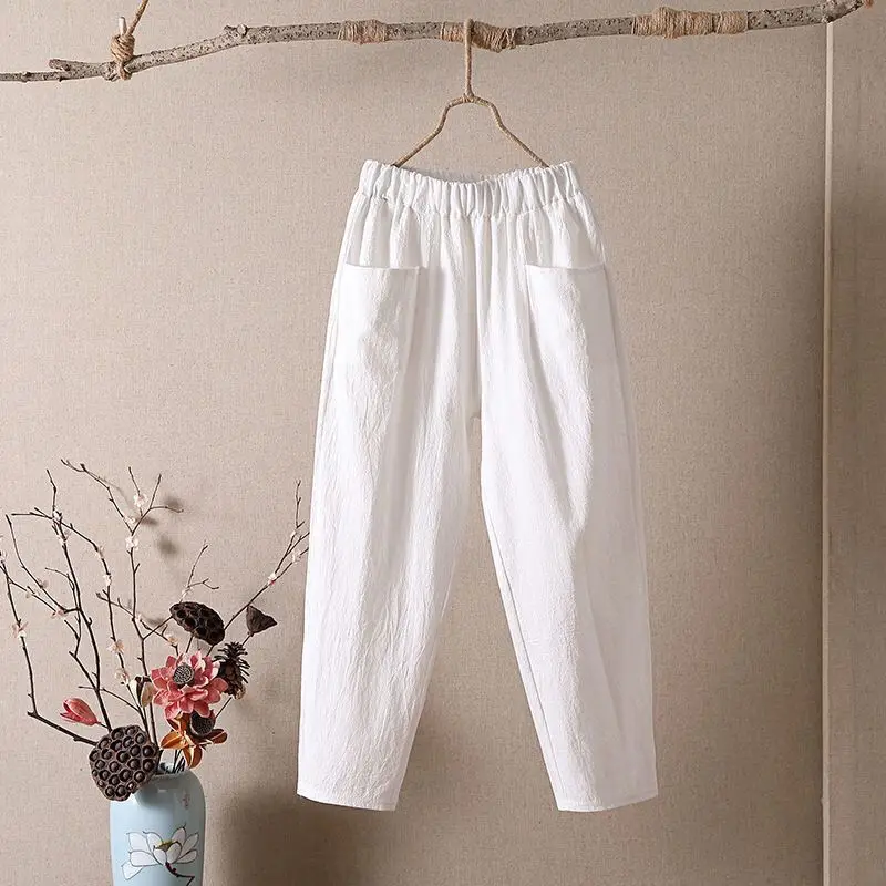 

Spring Autumn Solid Color Comfortable Harem Ladies Simplicity Elastic Waist Pants Women's Clothing New Flax Pocket Trousers