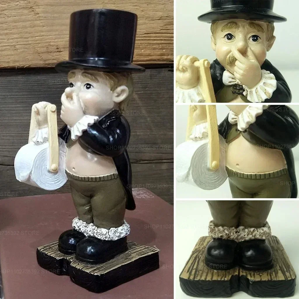 Creative Spoof Paper Holder Statue Cute Funny Decorative Sculpture Resin Figure Butler Shape Tissue Stand Rack Toilet Decoration