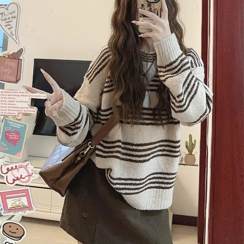 Striped Pullovers Women Loose Korena Style Vintage Knitted Sweaters All-match Tender Fluffy Keep Warm Autumn Winter Classic New