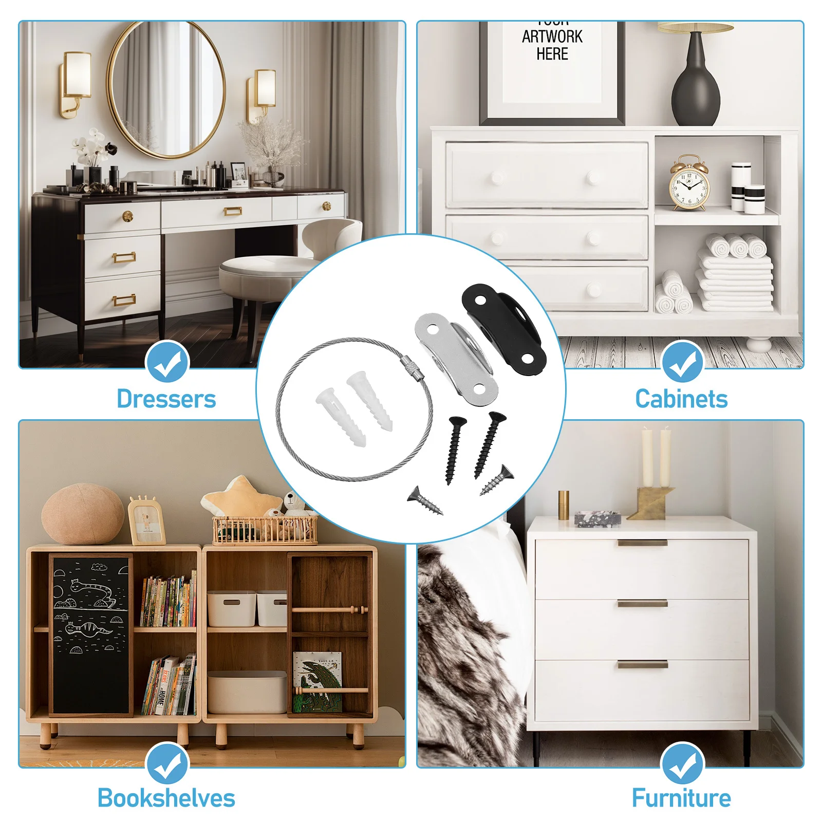 

2Pcs Furniture Safety Straps Wall Mount Anti Tip Anchors for Bookshelf Cabinet Baby Proofing Strong Cold-Rolled Steel Secure