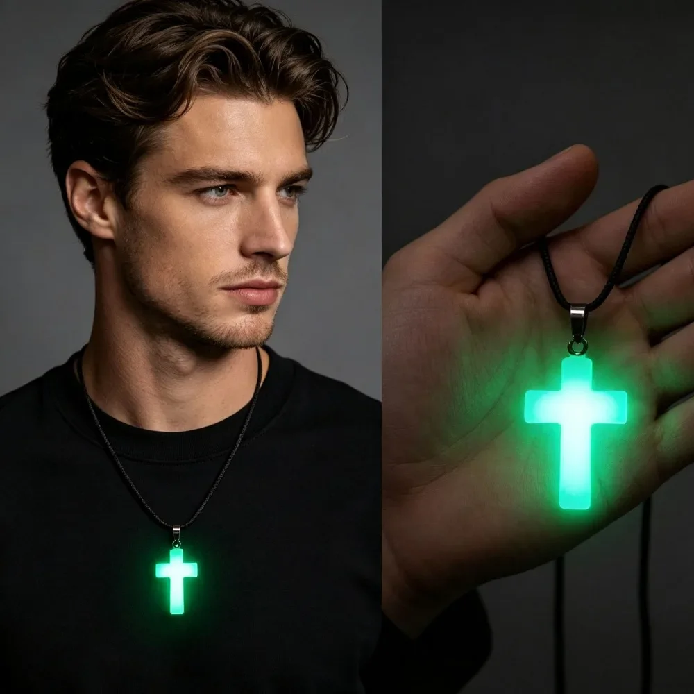 Luminous Cross Pendant Necklace, Glow in The Dark Noctilucent Necklace, Unisex Fluorescent Jewelry for Men Women