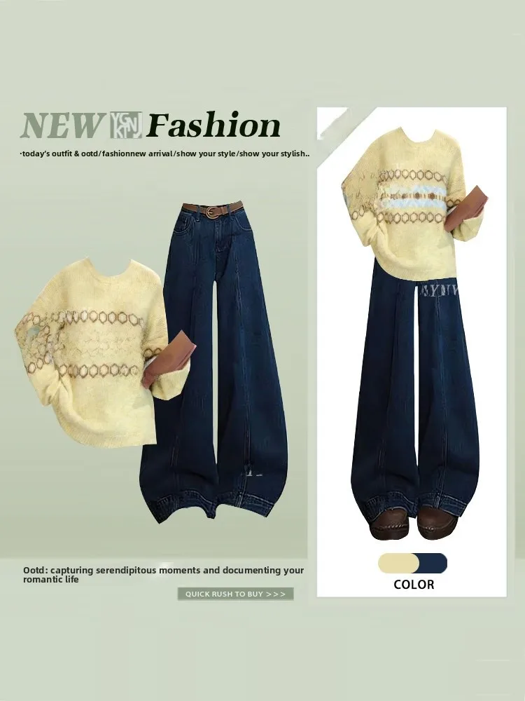 Dopamine Boosting Yellow Knitted Sweater And Wide Leg Jeans Spring Two Piece Set Age Reducing Fashionable plus Size Women