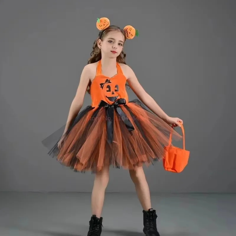 New Pumpkins Halloween Costumes For Girls Jack-O-Lantern Cosplay Dresses For Kids Carnival Party Fancy Skirts Birthday Gifts