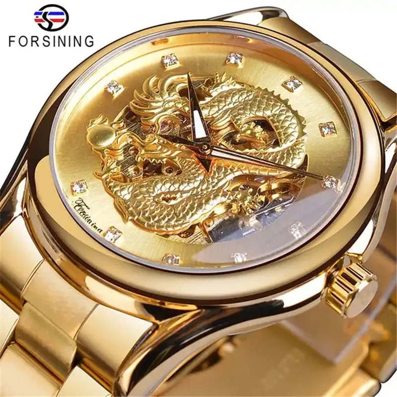 FORSINING A3G Men\'s Watches Automatic Mechanical Golden Dragon Wristwatch Waterproof Stainless Steel Watch For Man Skeleton