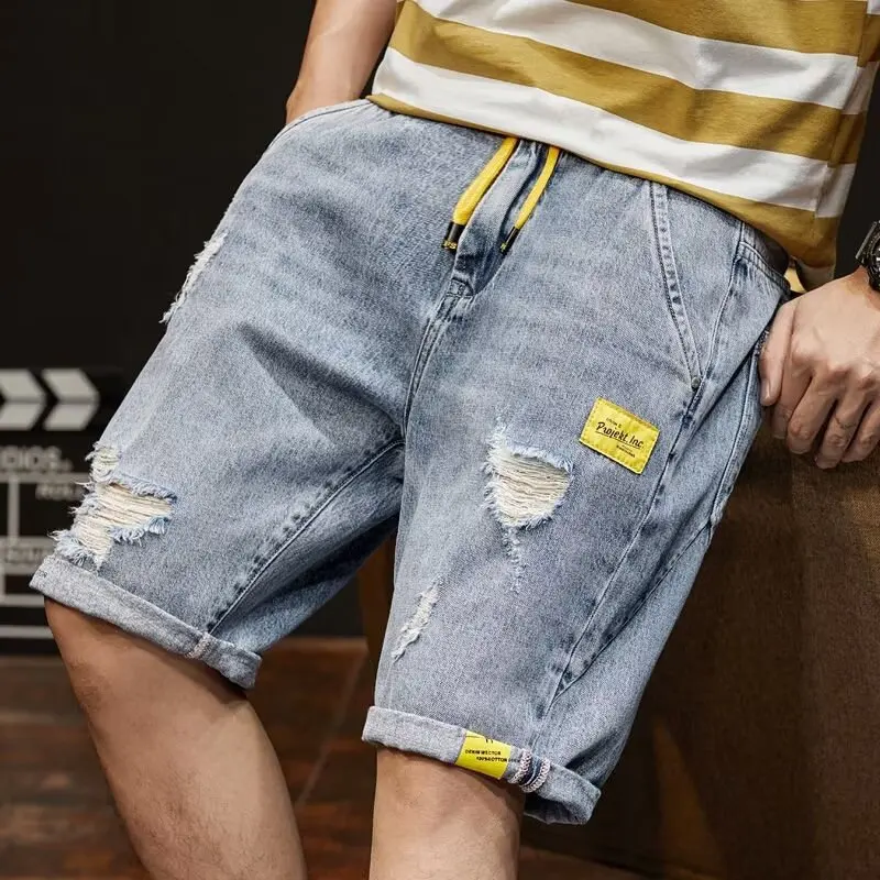 

Summer Thin Trendy Brand Ripped Denim Shorts Men's Worn out 5-Point Large Size Loose Straight Leg Five-Point Medium Pants
