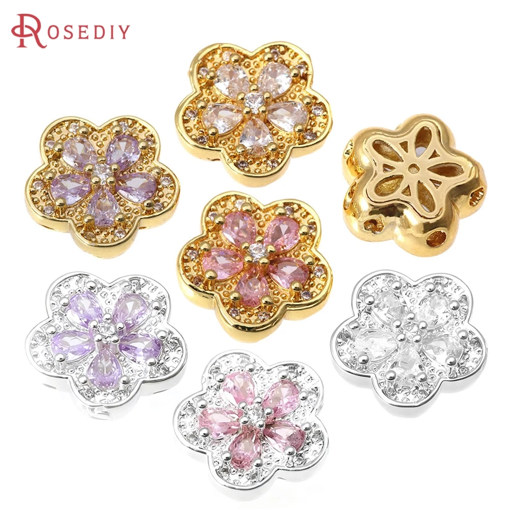 

4PCS 18K Gold Color Brass and Zircon Flower Spacer Beads Bracelets High Quality Diy Necklace Earrings Jewelry Making Accessories