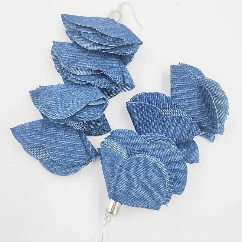 Four Denim Handmade Flower Tassel Dangle Earrings for Women Fashion Boho Jewelry